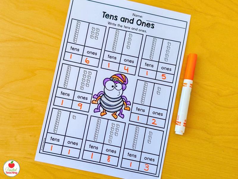 Halloween tens and ones worksheet for kindergarten, write the tens and ones for each teen number