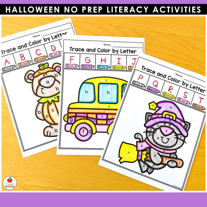 Halloween trace and color by letter worksheets for kindergarten with a cat witch and a school bus