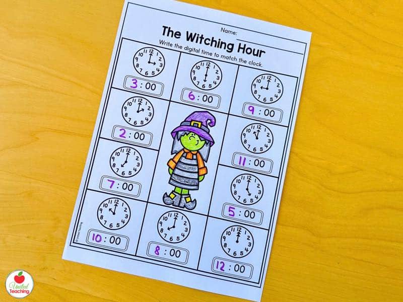 The Witching Hour Halloween telling time worksheet, write the digital time to match each clock