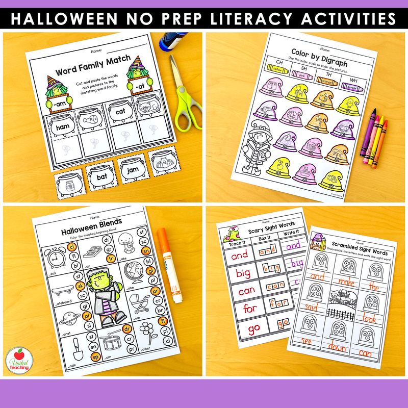 Halloween word family, digraph, blends, and sight word worksheets for kindergarten