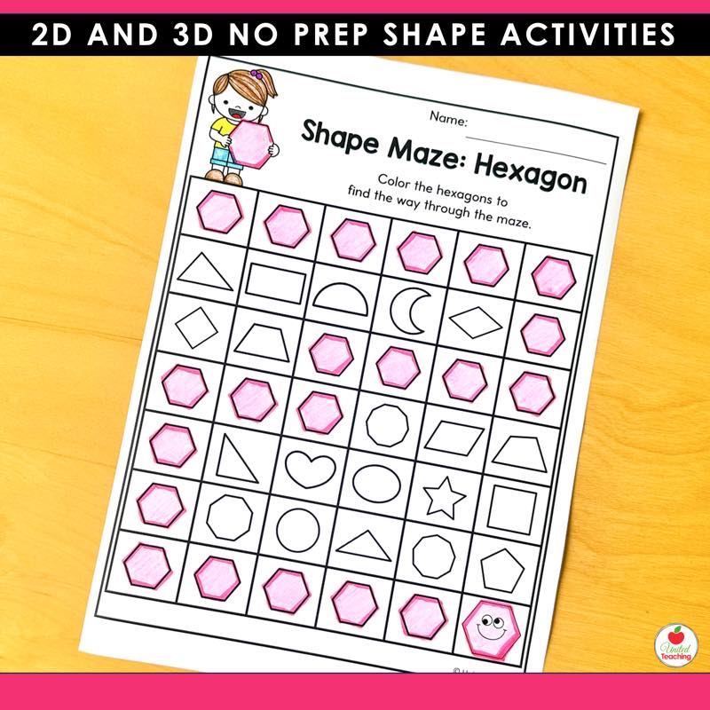 Shape Maze Hexagon worksheet where students color the hexagons to find the way through the maze