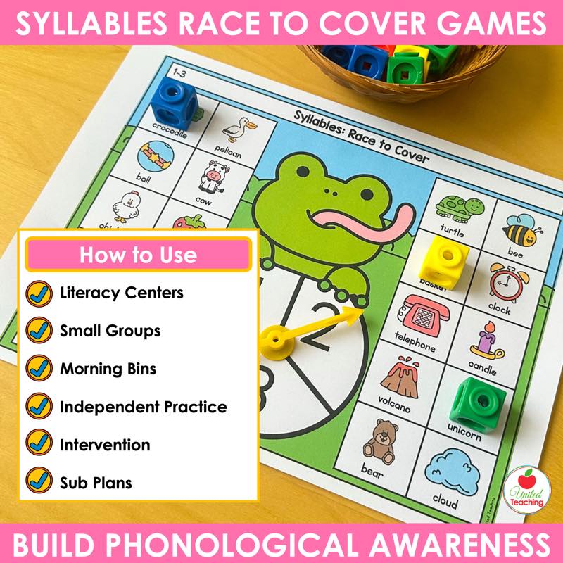 Ways to use syllable games in kindergarten: literacy centers, small groups, morning bins, and intervention