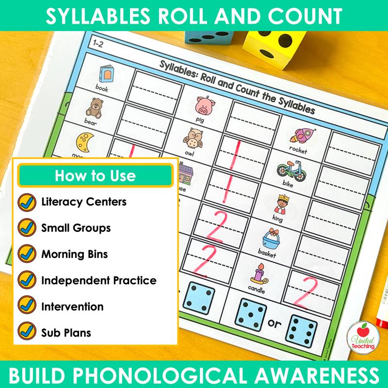 Ways to use the syllable Roll and Count mats: literacy centers, small groups, morning bins, and intervention