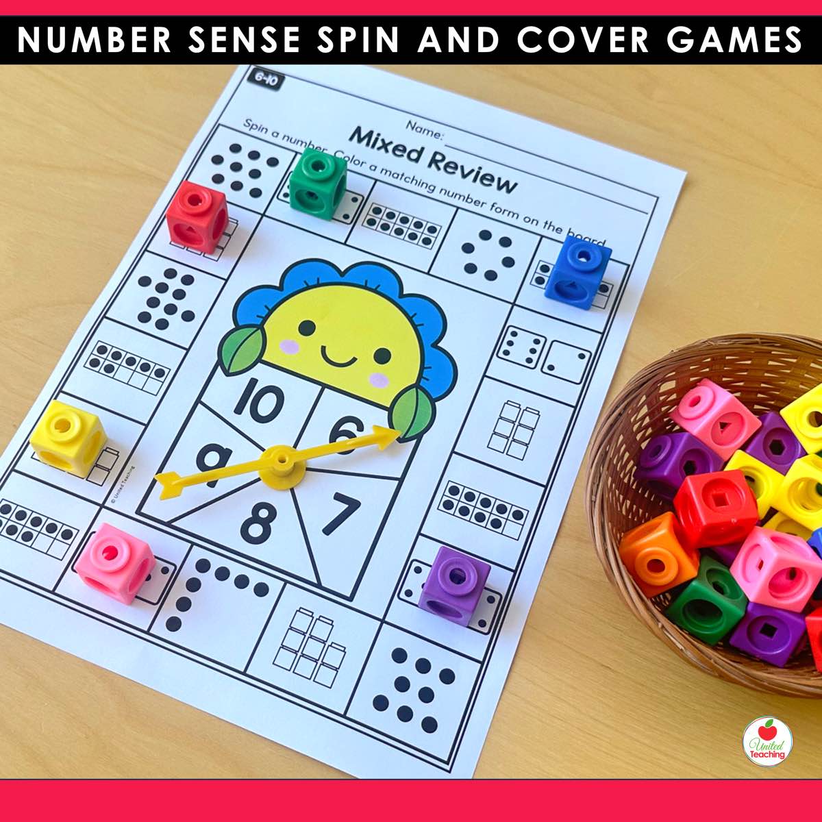 Mixed review Spin and Cover game board for numbers 6 to 10 with math cubes on ten frames dice and tally marks