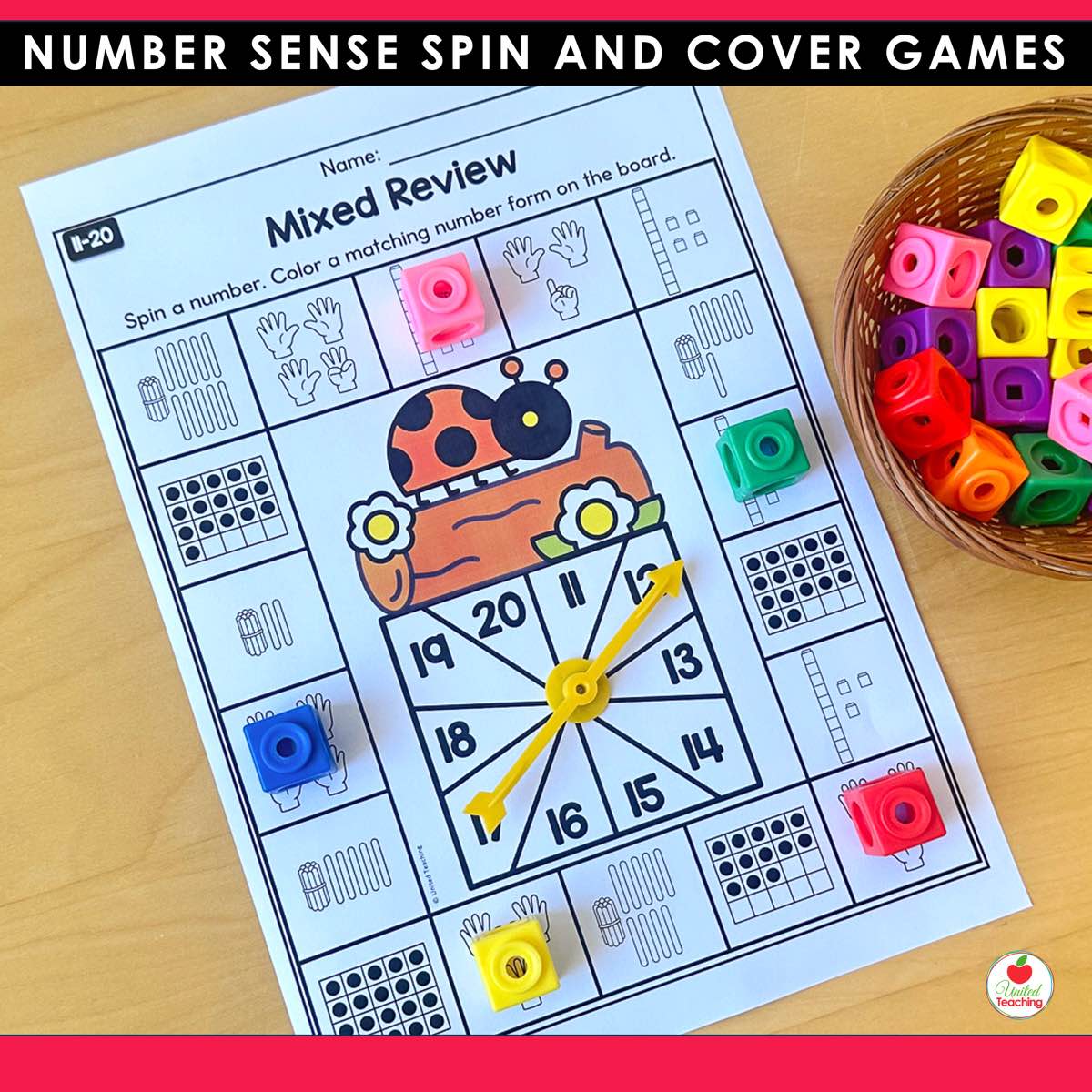 Mixed review Spin and Cover game board for numbers 11 to 20 with math cubes on ten frames tally marks and dice