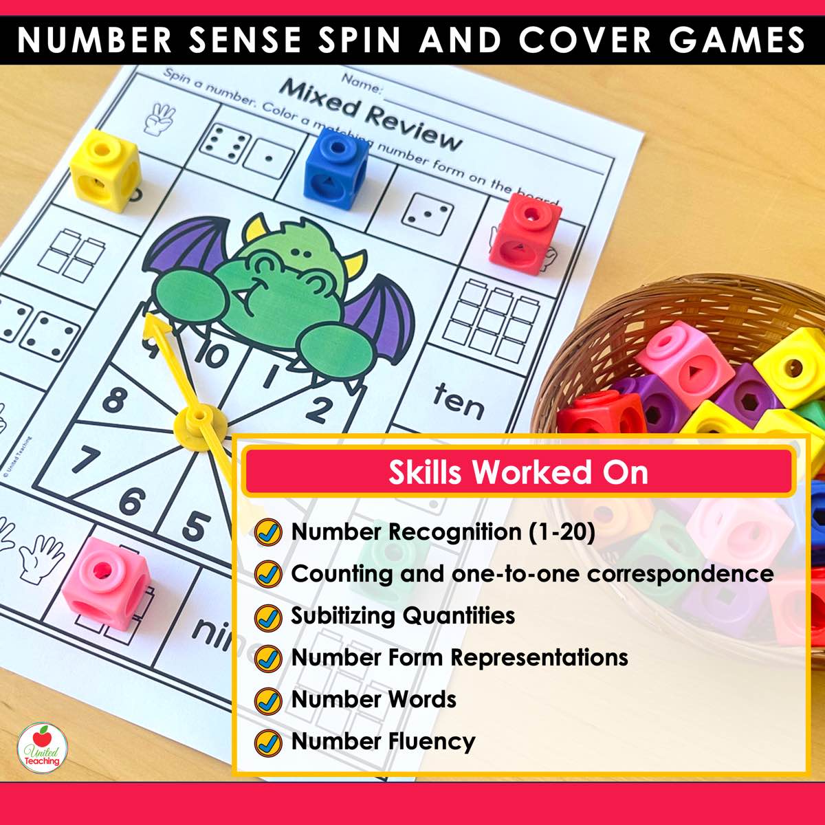 Number Sense Spin and Color worksheets showing a mixed review page colored in with a red marker