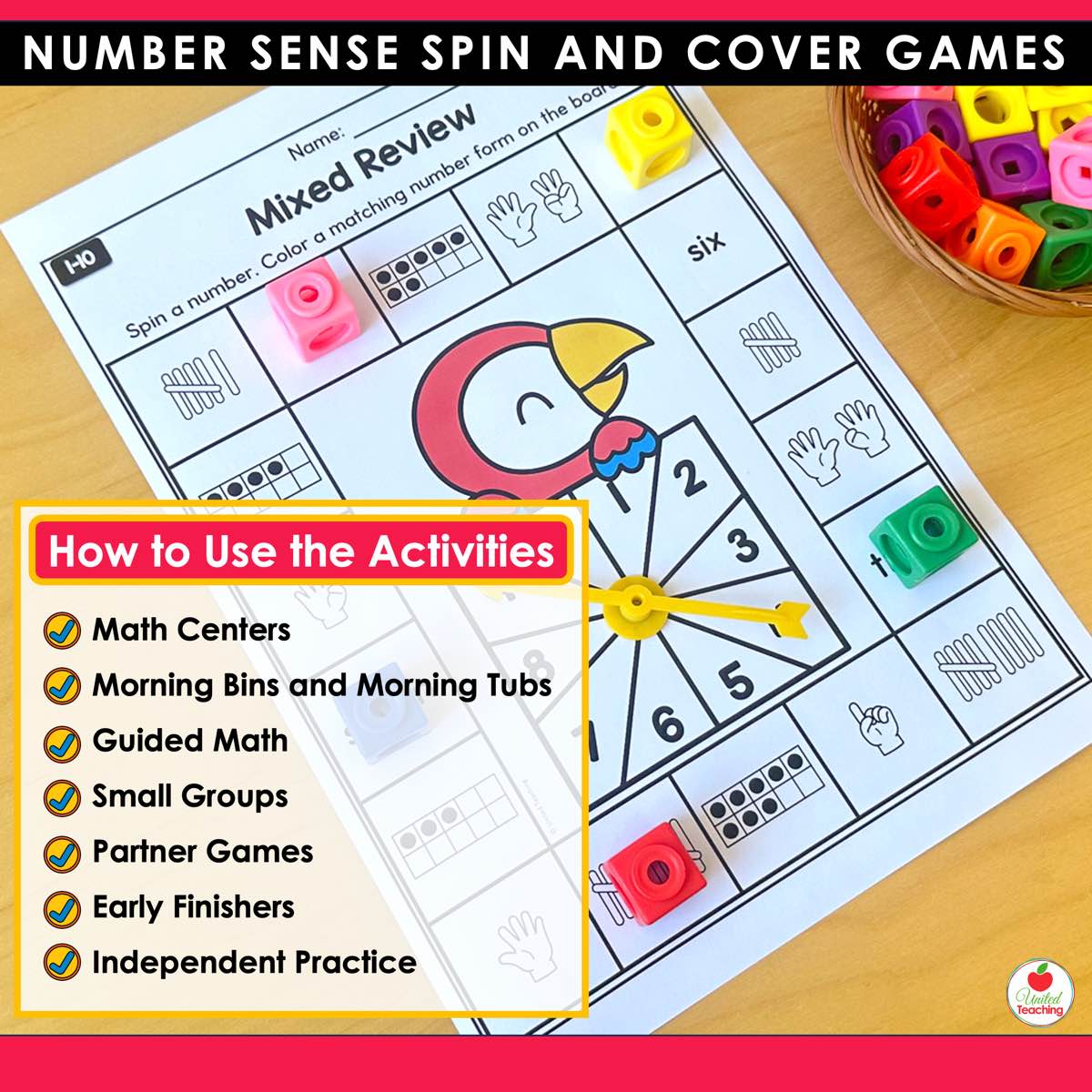 Number Sense Spin and Cover Games ways to use the activities beside a mixed review board with math cubes