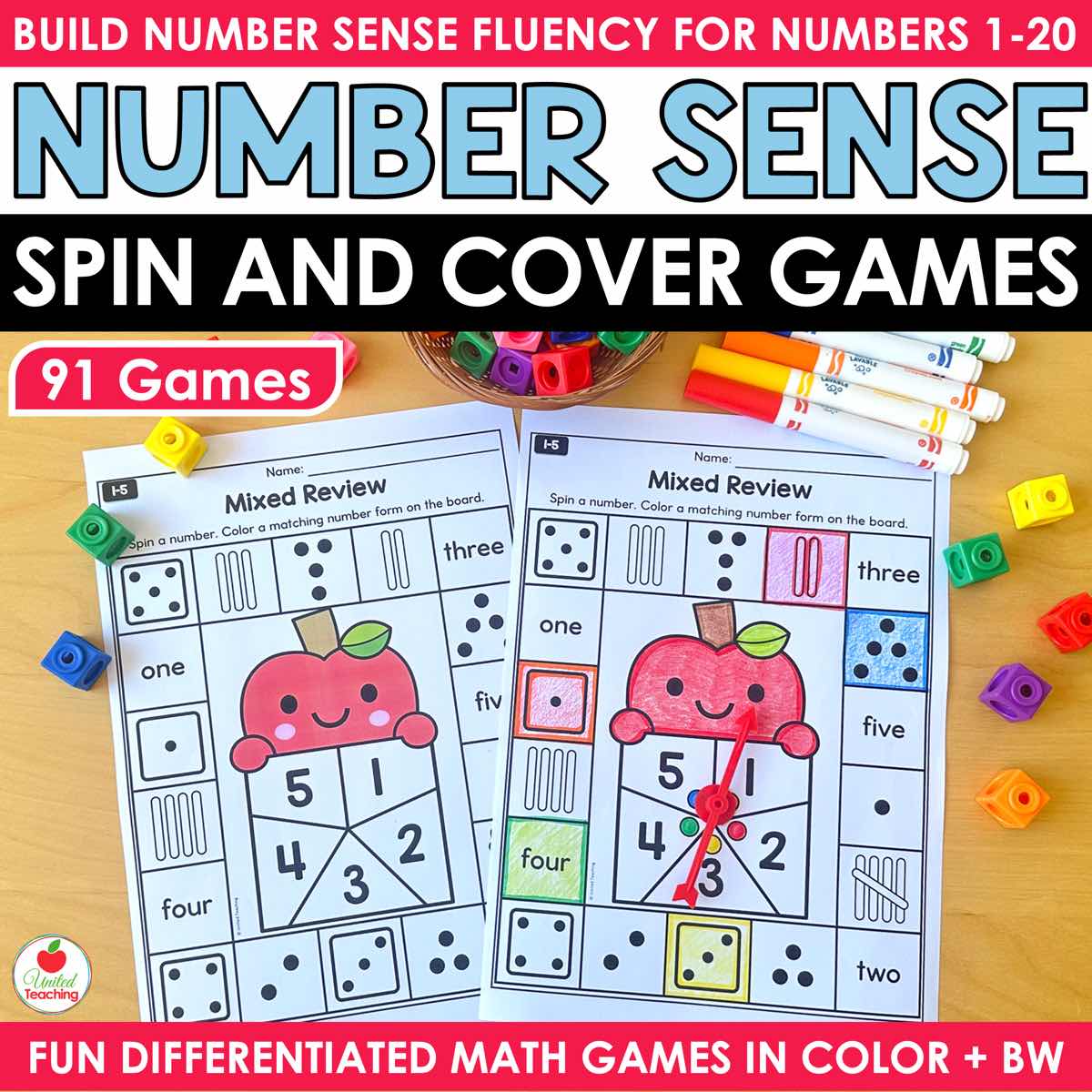 Number Sense Spin and Cover Games for kindergarten showing two number form game boards with math cubes and markers