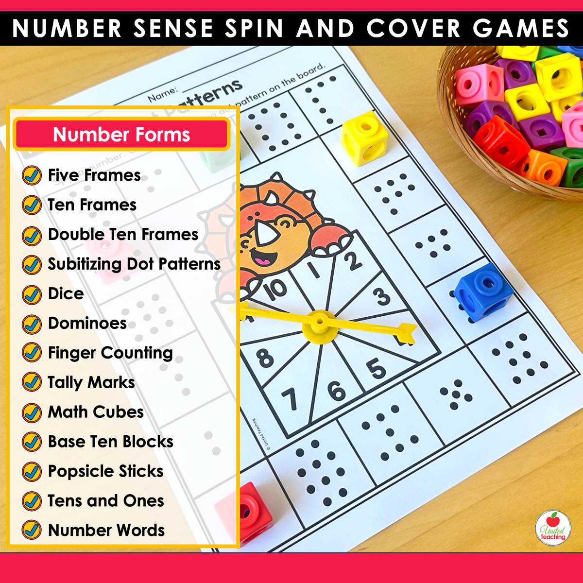 Number Sense Spin and Cover Games number forms list beside a dot patterns game board with math cubes