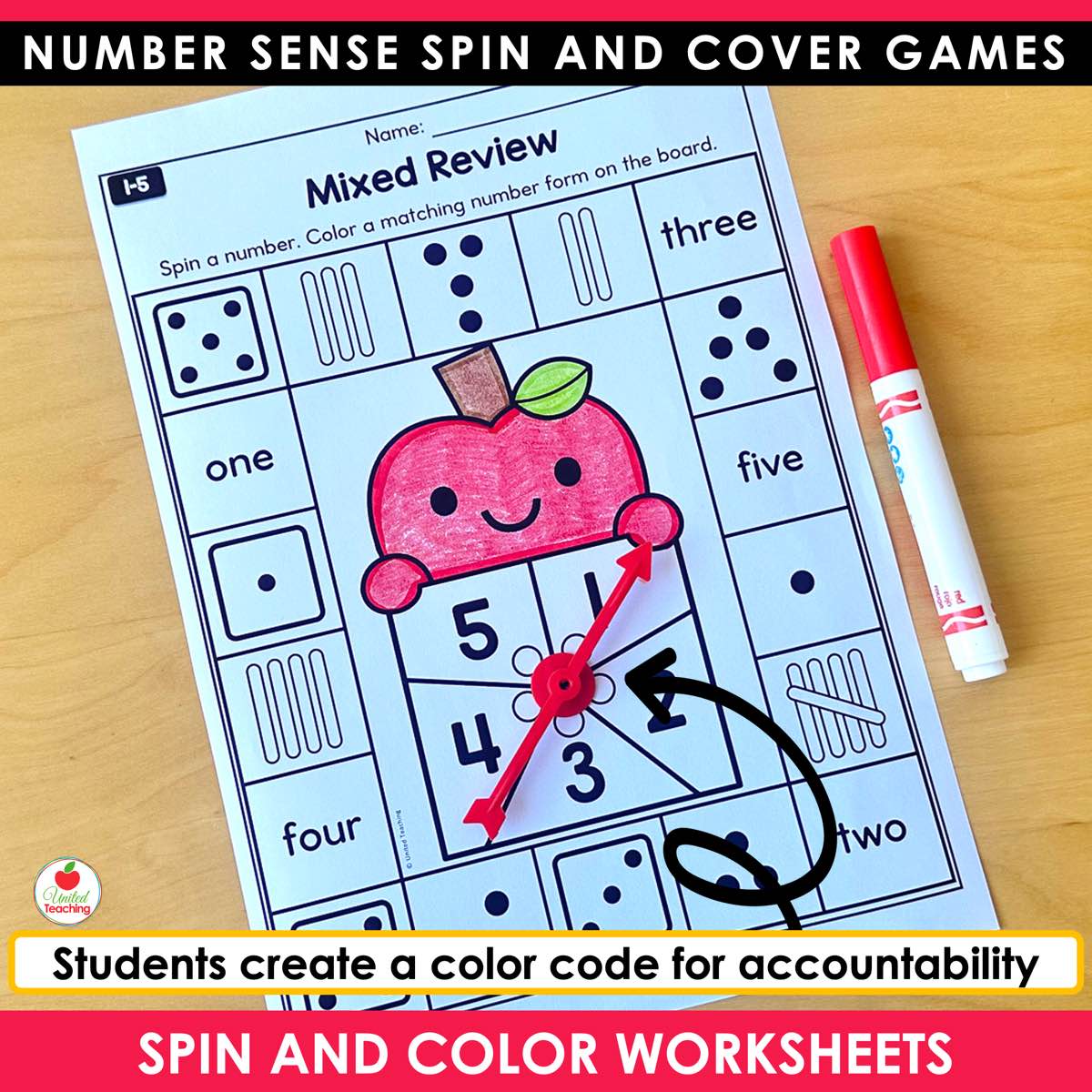 Number Sense Spin and Cover Games skills list beside a mixed review game board with math cubes