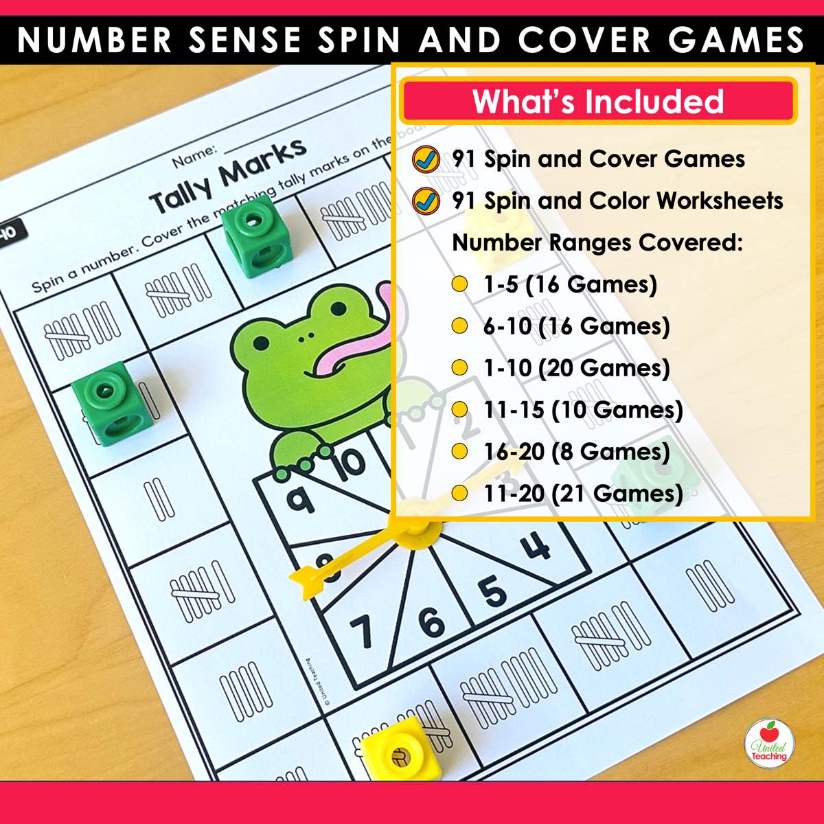 Number Sense Spin and Cover Games list of what is included beside a tally marks game board with math cubes