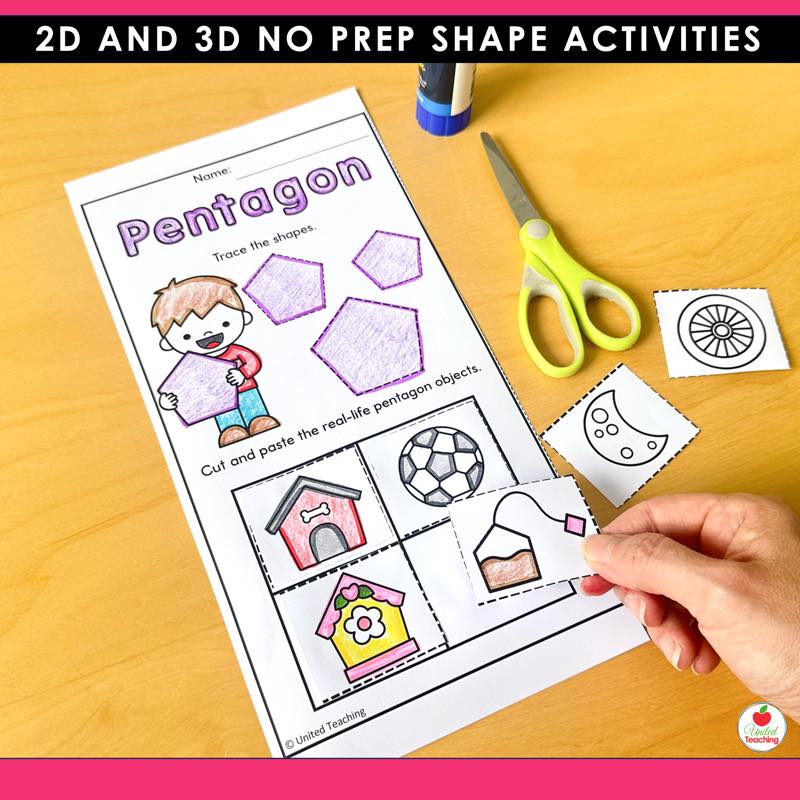 Pentagon tracing worksheet with real-life pentagon objects being cut out and pasted, with scissors and glue