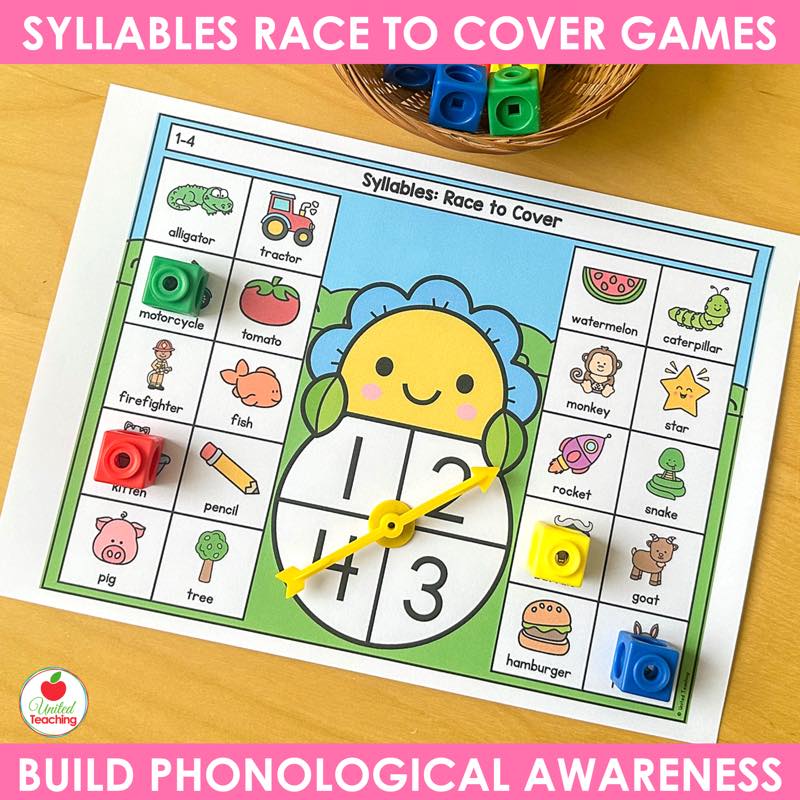 Picture and word syllable game for 1 to 4 syllables with alligator, motorcycle, and watermelon squares