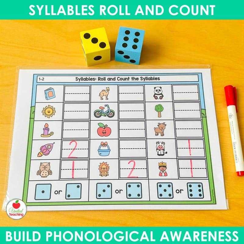 Picture only syllable counting mat with dice, writing boxes, and pictures of a camel, panda, and owl