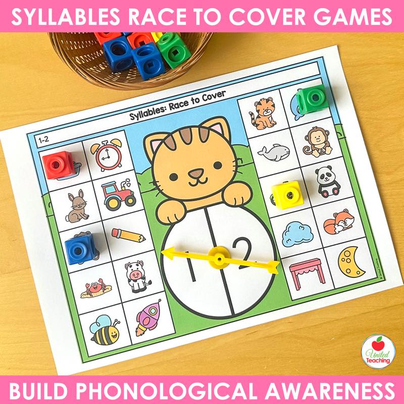 Picture only syllable game for two players with a 1 to 2 spinner and snap cubes covering pictures
