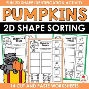 Pumpkins 2D Shape Sorting cover showing cut and paste shape sorting worksheets with a raccoon holding a pumpkin