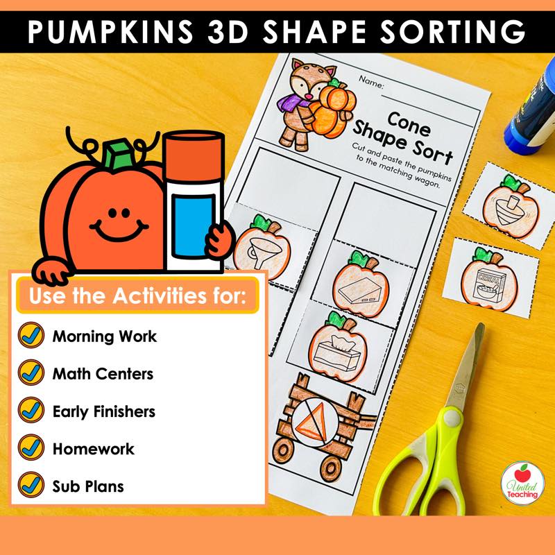 Pumpkins 3D Shape Sorting cone worksheet with a list of classroom uses for the activities