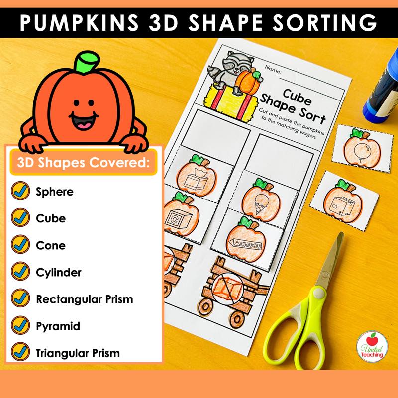 Pumpkins 3D Shape Sorting cube worksheet with a list of the 3D shapes covered in the packet