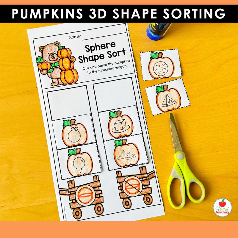 Pumpkins sphere shape sorting worksheet with pumpkin picture cards cut out ready to paste into wagons