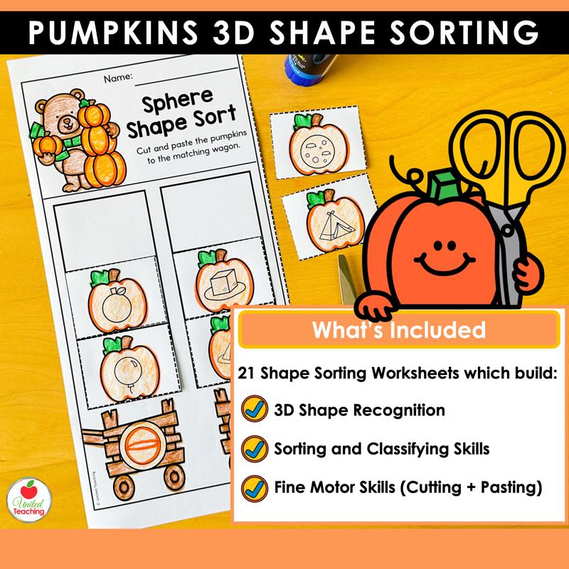 Pumpkins 3D Shape Sorting sphere worksheet with a list of what is included in the packet