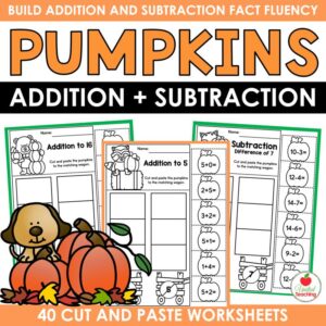 Pumpkins Addition and Subtraction Sorting cover showing cut and paste math fact worksheets with a puppy and pumpkins