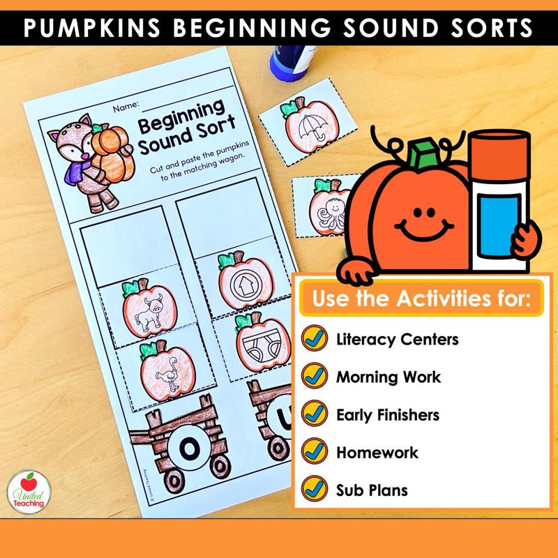 Pumpkins Beginning Sound Sorts worksheet with classroom uses including literacy centers and morning work