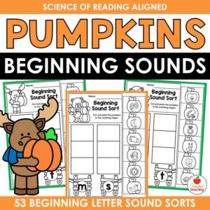 Pumpkins Beginning Sound Sorts cover showing 53 beginning letter sound sort worksheets with a moose holding a pumpkin