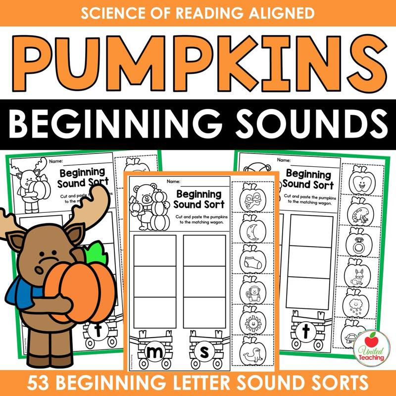 Pumpkins Beginning Sound Sorts cover showing 53 beginning letter sound sort worksheets with a moose holding a pumpkin
