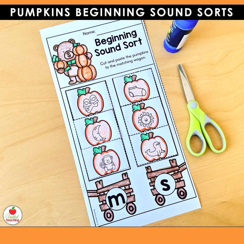 Pumpkins Beginning Sound Sorts worksheet with pictures sorted between the m wagon and the s wagon