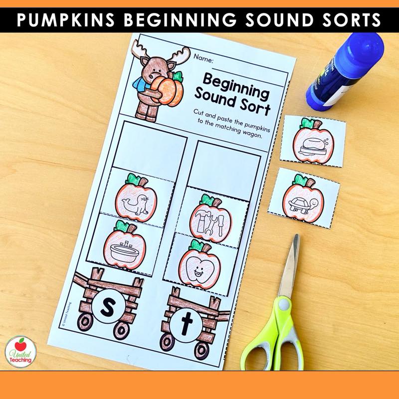 Pumpkins Beginning Sound Sorts worksheet with pictures sorted between the s wagon and the t wagon