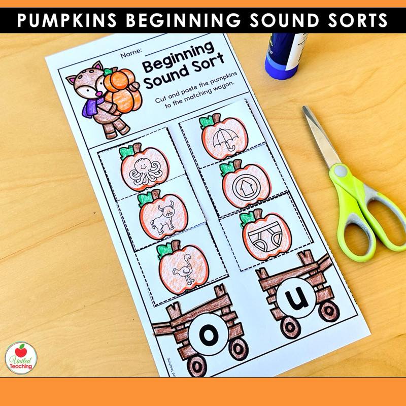 Pumpkins Beginning Sound Sorts short vowel worksheet with pictures sorted between the o wagon and the u wagon