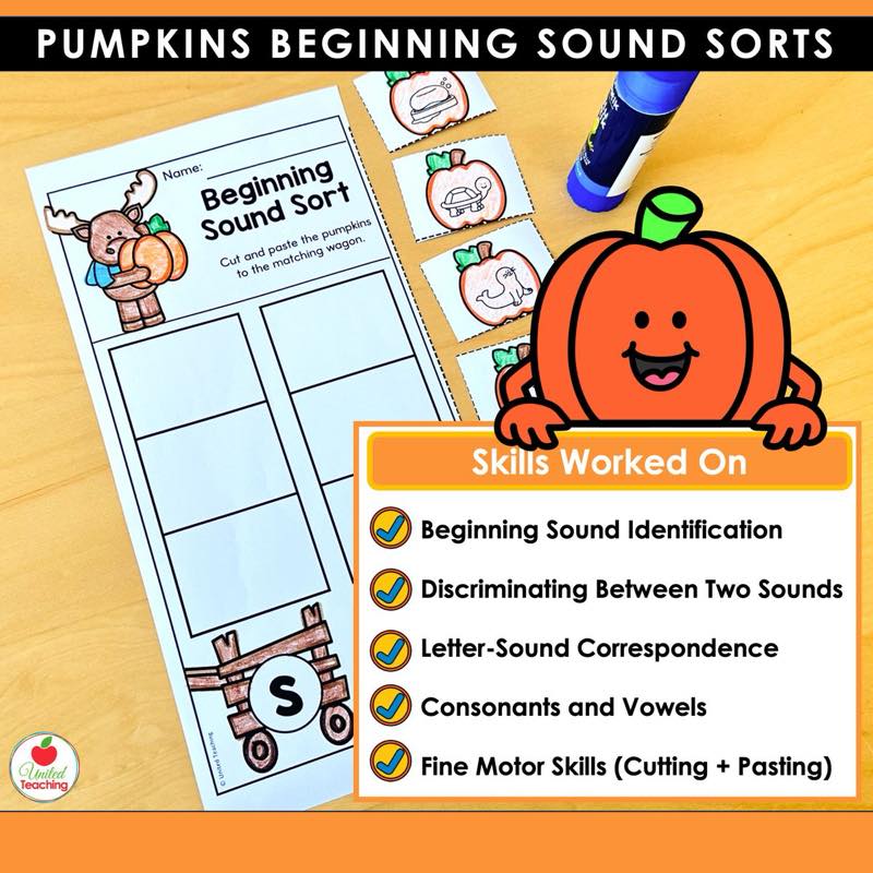 Pumpkins Beginning Sound Sorts worksheet with the skills worked on including discriminating between two sounds