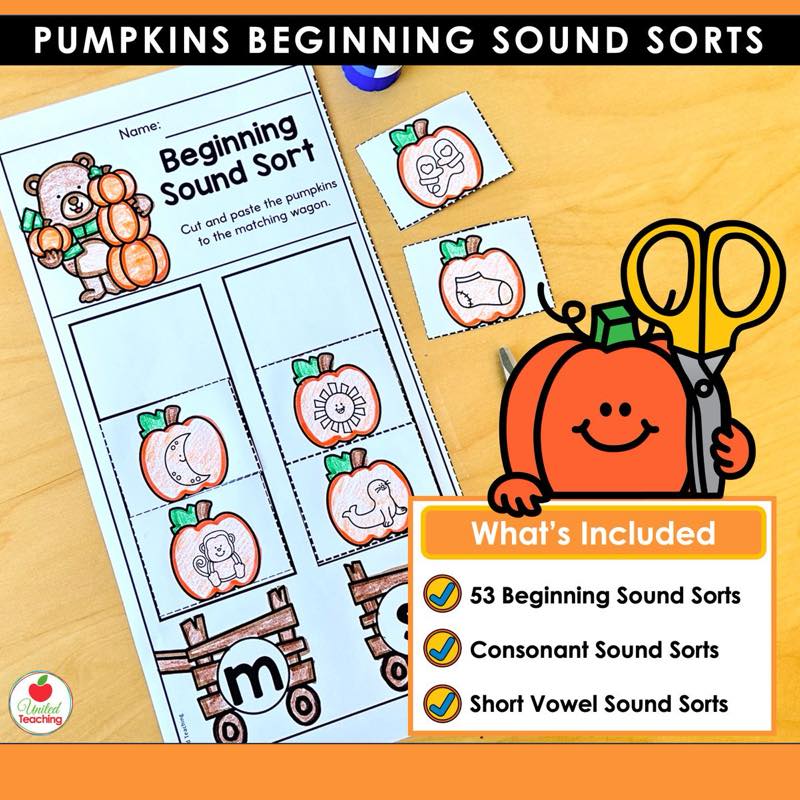 Pumpkins Beginning Sound Sorts worksheet with a list of what is included, 53 consonant and short vowel sound sorts