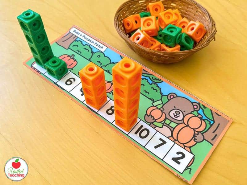 Build a Pumpkin Patch number strip with orange and green math cube towers on numbers 6 to 10