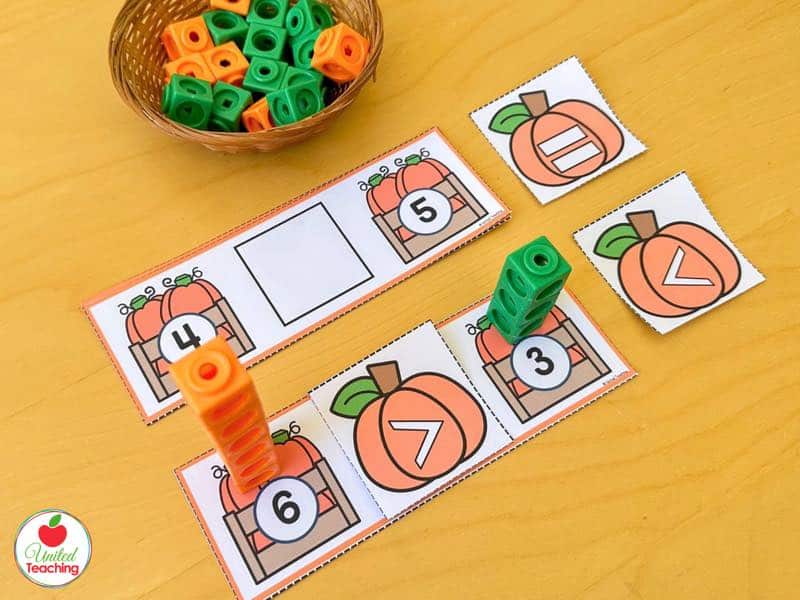 Pumpkin build and compare task cards with crate numbers 6 and 3 and greater than less than pumpkin cards