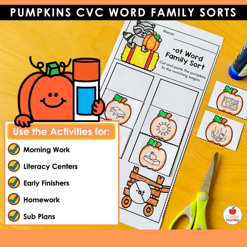Pumpkins -ot word family sorting worksheet with a list of classroom uses for the activities