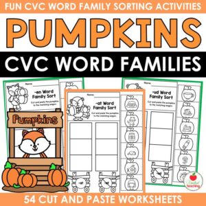 Pumpkins CVC Word Families cover showing cut and paste word family sorting worksheets with a fox at a pumpkin stand