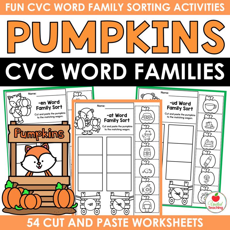 Pumpkins CVC Word Families cover showing cut and paste word family sorting worksheets with a fox at a pumpkin stand