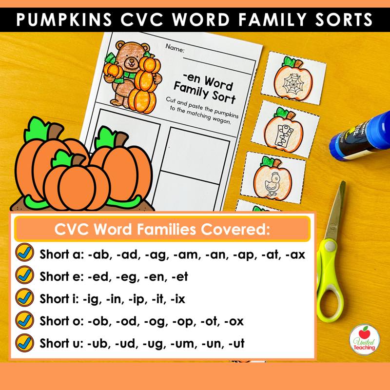 Pumpkins -en word family sorting worksheet with a list of the CVC word families covered for each short vowel