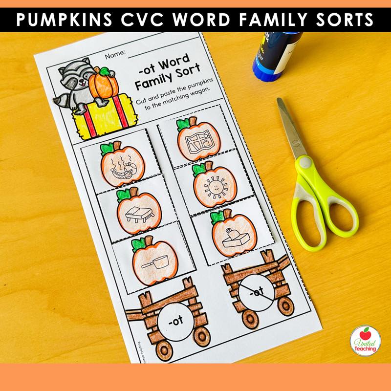 Pumpkins -ot word family sorting worksheet with pumpkin picture cards cut out beside labelled sorting wagons