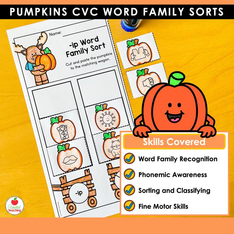 Pumpkins -ip word family sorting worksheet with a list of the phonics skills covered in the packet