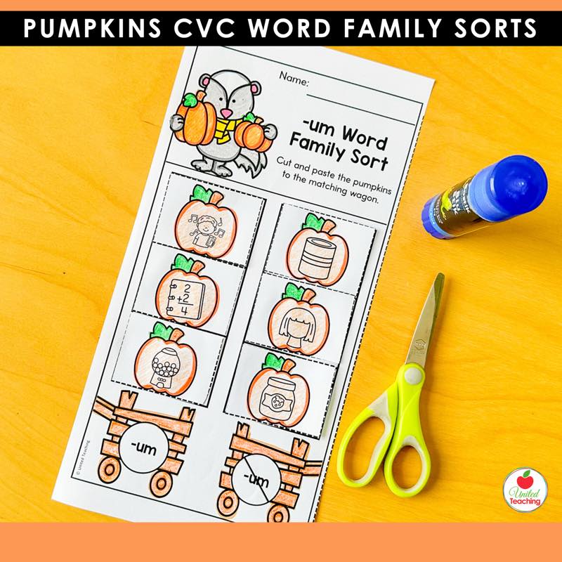 Pumpkins -um word family sorting worksheet with pumpkin picture cards ready to cut and paste into wagons