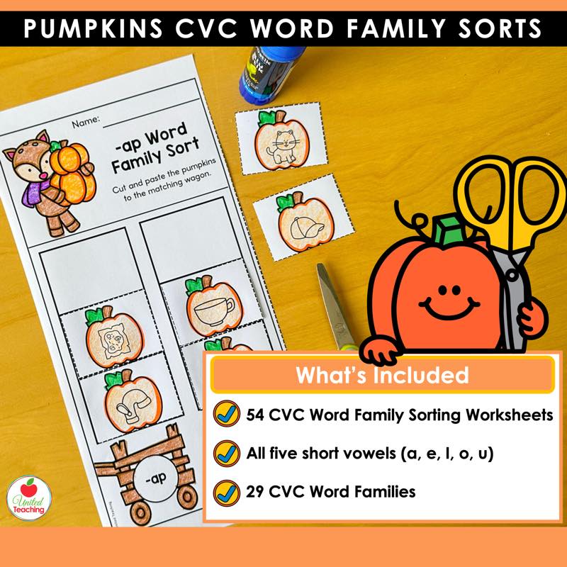 Pumpkins -ap word family sorting worksheet with a list of what is included in the packet