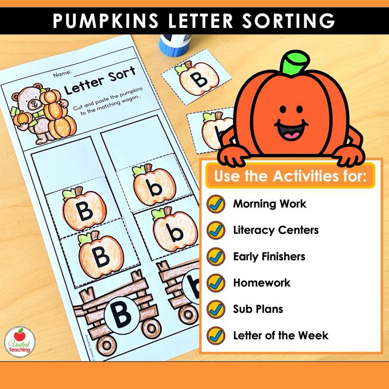 Pumpkins Letter Sorting Worksheets letter B page with classroom uses including morning work and literacy centers