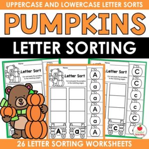 Pumpkins Letter Sorting Worksheets cover showing uppercase and lowercase letter sort pages with a bear holding pumpkins