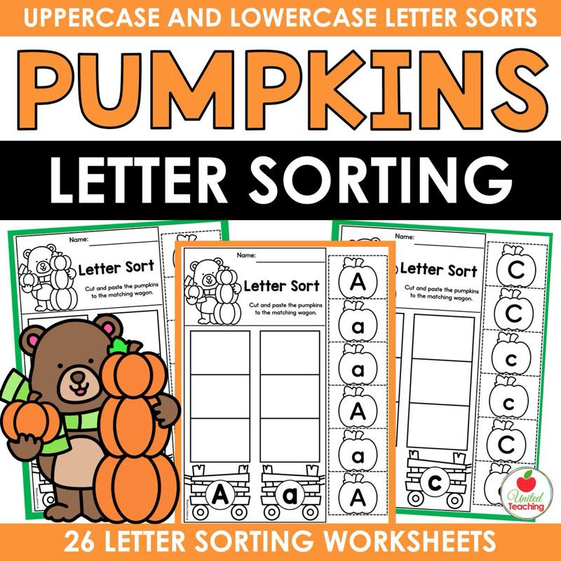 Pumpkins Letter Sorting Worksheets cover showing uppercase and lowercase letter sort pages with a bear holding pumpkins