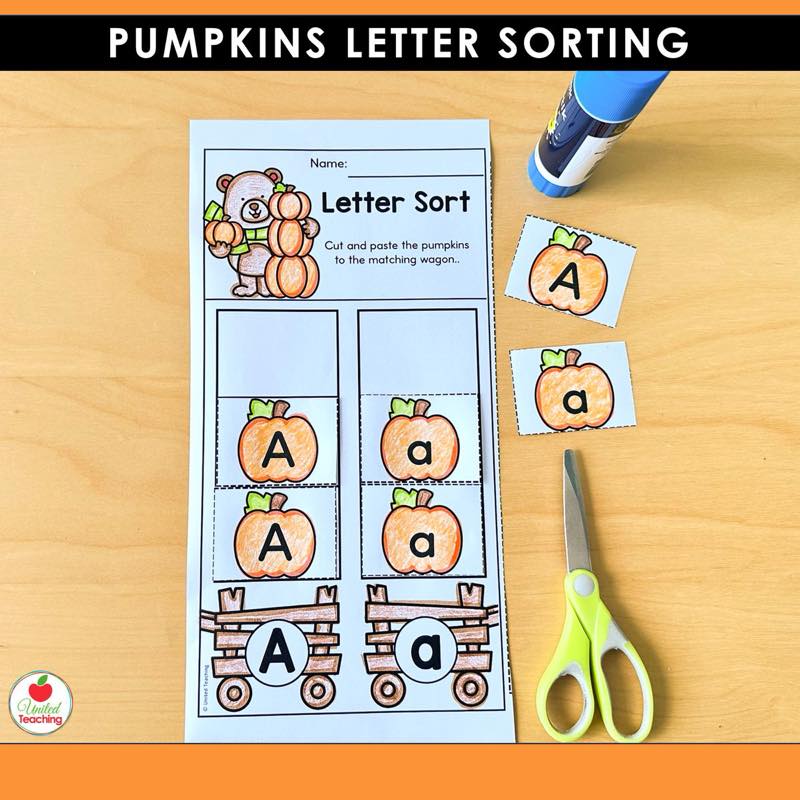 Pumpkins Letter Sorting Worksheets letter A page with cut out pumpkin cards beside it ready to sort