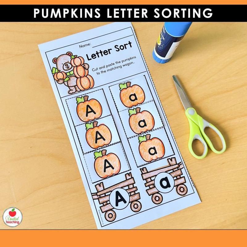 Pumpkins Letter Sorting Worksheets with uppercase A and lowercase a pumpkins sorted into matching wagons