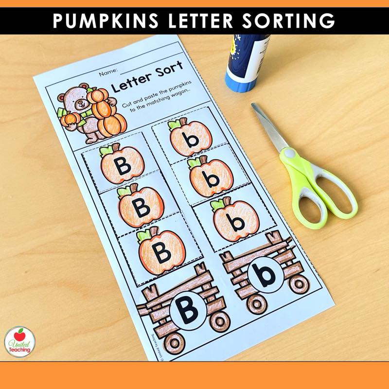 Pumpkins Letter Sorting Worksheets with uppercase B and lowercase b pumpkins sorted into matching wagons