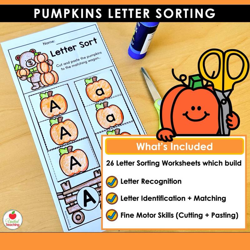 Pumpkins Letter Sorting Worksheets letter A page with a list of what is included in the 26 worksheet packet